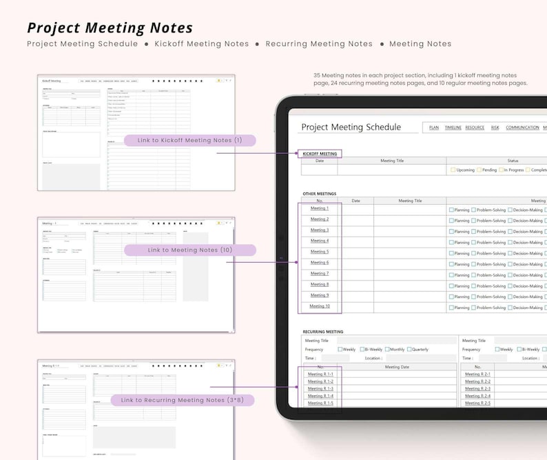 May include: Digital project meeting notes template displayed on a tablet. The template includes sections for project schedules, kickoff notes, recurring meetings, and regular meeting notes. The text reads "Project Meeting Notes".