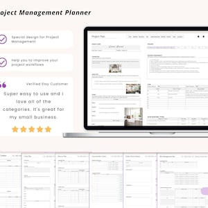 May include: A digital project management planner displayed on a laptop screen, featuring sections for project plans, tasks, timelines, and resource tracking. The interface includes text fields, tables, and images, with additional document pages shown below.
