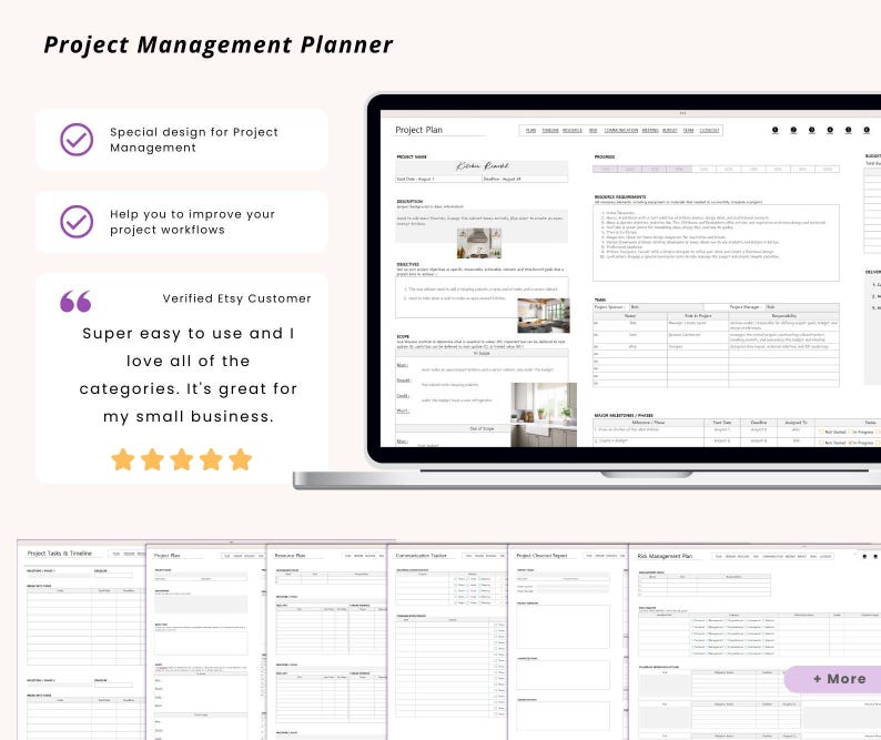 May include: A digital project management planner displayed on a laptop screen, featuring sections for project plans, tasks, timelines, and resource tracking. The interface includes text fields, tables, and images, with additional document pages shown below.