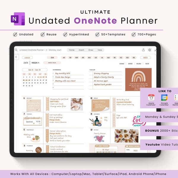 Undated OneNote Digital Planner: Hyperlinked, Reusable, for iPad, Windows, Surface Pro, Mac, Android