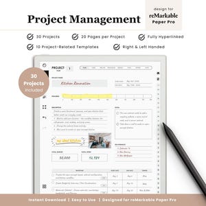 May include: A digital project management planner for reMarkable Paper Pro featuring 30 projects, 20 pages per project, and 10 templates. The screen displays a kitchen renovation plan with progress bars, budget fields, and a black stylus pen.