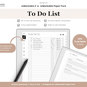 Może przedstawiać: Cyfrowy szablon listy zadań do tabletów reMarkable 2 i reMarkable Paper Pure. Układ zawiera 20 sekcji listy, 16 szablonów notatek i łącznie 600 notatek. Zawiera hiperłącza, odstępy na pasek boczny i jest przystosowany dla osób lewo- i praworęcznych.