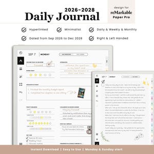 Puede incluir: Un diario digital diario para reMarkable Paper Pro, fechado de 2026 a 2028. La interfaz muestra una página de reflexión diaria con secciones para el estado de ánimo, energía, sueño y tareas, junto a una página de notas con cuadrícula.