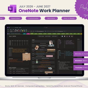 May include: A digital OneNote work planner for July 2026 through June 2027 displayed on a laptop screen. The interface features a dark theme with a daily schedule, to-do lists, goal tracking, and meeting sections, including various icons and stickers.