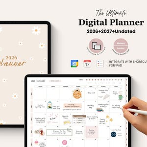 Puede incluir: Una agenda digital para 2026 y 2027 con una cubierta beige y patrones de margaritas blancas. La pantalla muestra una cuadrícula de calendario de enero con notas manuscritas, pegatinas coloridas e iconos. El texto incluye The Ultimate Digital Planner 2026+2027+Undated y Integrate with Shortcuts for iPad.