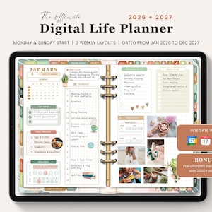 Puede incluir: Un planificador de vida digital en la pantalla de una tableta, titulado The Ultimate Digital Life Planner 2026 + 2027. El planificador muestra una vista de dos páginas con horarios diarios, listas de tareas, rastreadores de comidas y bienestar.