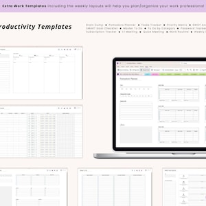 May include: A laptop and several digital templates for productivity are displayed. The templates include a Pomodoro Planner, Task Tracker, and SWOT Analysis. Text on the image reads "Productivity Templates" and "Extra Work Templates".