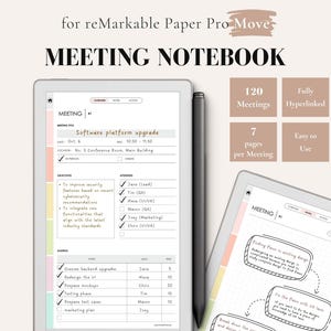 Puede incluir: Un cuaderno de reuniones digital para reMarkable Paper Pro Move. El cuaderno presenta un diseño minimalista con secciones para los detalles de la reunión, los objetivos y los puntos del orden del día. Incluye 120 reuniones, 7 páginas por reunión y está totalmente hipervinculado.