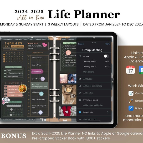 2024 2025 Digital Planner, All in One Life Planner, Daily Planner,iPad Planner,GoodNotes Planner,Dark Mode Planner, Google & Apple Calendar