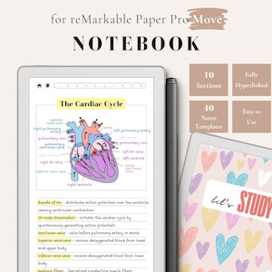 Puede incluir: Un cuaderno digital para reMarkable Paper Pro Move. La imagen muestra dos tabletas, una que muestra un diagrama del ciclo cardíaco y la otra con un patrón de corazón y el texto "let's STUDY". Incluye 10 secciones, 40 plantillas de notas y fácil de usar.