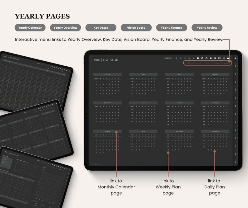 Dark Mode Digital Planner 2025, 2026, 2027, Undated, Minimalist iPad ...