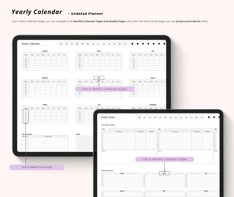May include: Two digital tablets displaying a yearly calendar and yearly goals layout. The top tablet shows a yearly calendar with monthly breakdowns. The bottom tablet shows a yearly goals layout. Text on the image reads "Yearly Calendar - Undated Planner."