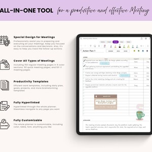 May include: A digital planner on a tablet, featuring the text "ALL-IN-ONE TOOL for a productive and effective Meeting." The screen displays a meeting agenda with action items. Icons and descriptions highlight features like meeting design and productivity templates.