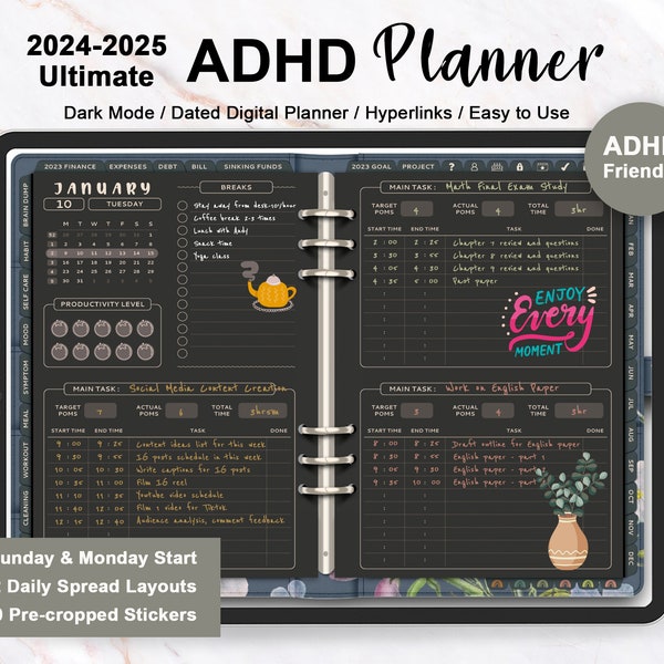 Dark Mode ADHD Planner, Adhd Notebook, Adult ADHD Planner, ADHD Daily Planner, Adhd tracker, Neurodivergent,for iPad GoodNotes Notability