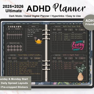 Dark Mode ADHD Digital Planner 2025 2026: GoodNotes & Notability (PDF)