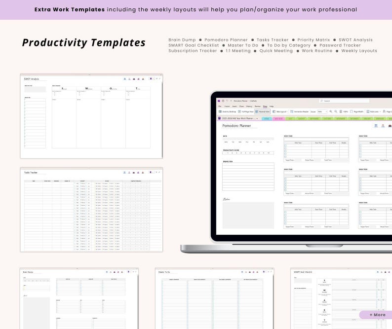May include: A digital productivity template with the text "Productivity Templates" and a list of features. The image shows a laptop and several other screens displaying various organizational layouts, including a Pomodoro Planner and a Task Tracker.