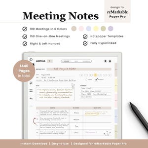 Puede incluir: Un planificador digital de notas de reunión para reMarkable Paper Pro con 1440 páginas, 180 reuniones en 6 colores, 150 reuniones individuales, plantillas de notas y navegación con hipervínculos. La interfaz muestra una agenda escrita a mano.