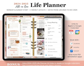 All in One Life Planner, 2024 2025 Digital Planner,Boho Digital Planner,Daily Planner,iPad Planner,GoodNotes Planner,Google & Apple Calendar