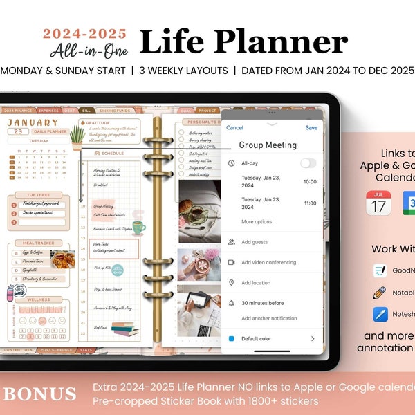 All in One Life Planner, 2024 2025 Digital Planner,Boho Digital Planner,Daily Planner,iPad Planner,GoodNotes Planner,Google & Apple Calendar
