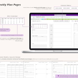 May include: A laptop screen displays a digital planner interface with a purple and white color scheme. The interface includes a mini calendar, weekly layouts, and interactive menu options. Text on the screen reads "Weekly Plan Pages."