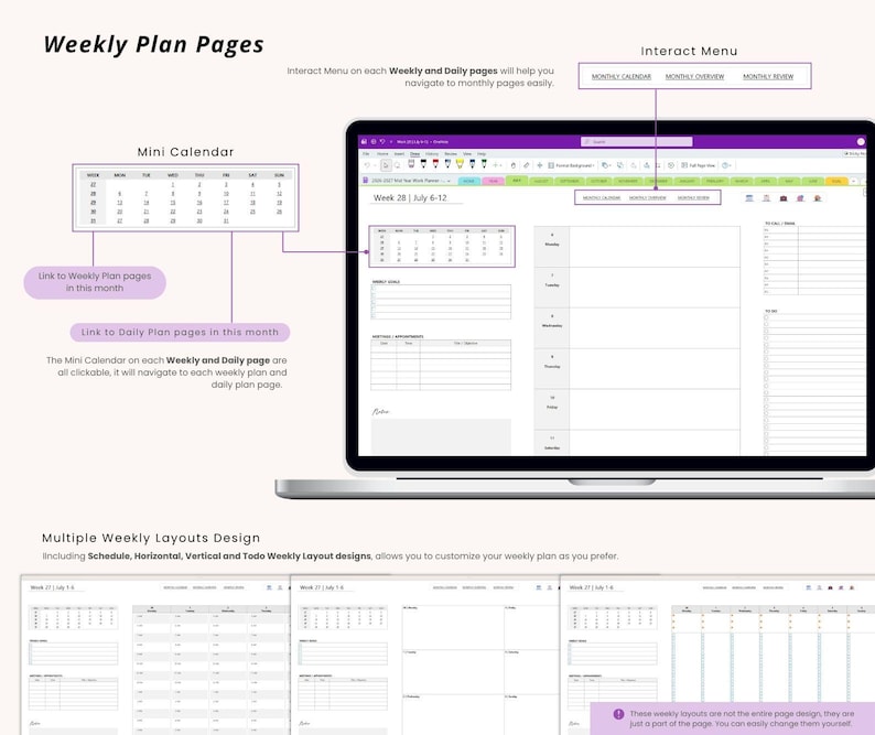 May include: A laptop screen displays a digital planner interface with a purple and white color scheme. The interface includes a mini calendar, weekly layouts, and interactive menu options. Text on the screen reads "Weekly Plan Pages."