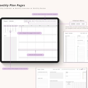 May include: Digital planner pages with the text "Monthly Plan Pages" and "August - Calendar". The pages include a calendar, overview, and review sections. The design is minimalist with a white background and purple accents.