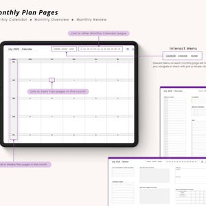 May include: Digital planner pages with the text "Monthly Plan Pages." The image shows a calendar, overview, and review pages. The calendar displays the month of July 2026. The pages have links to other calendar pages, daily plan pages, and weekly plan pages.