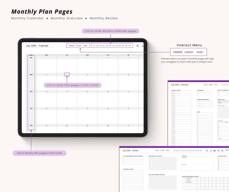 May include: Digital planner pages with the text "Monthly Plan Pages." The image shows a calendar, overview, and review pages. The calendar displays the month of July 2026. The pages have links to other calendar pages, daily plan pages, and weekly plan pages.