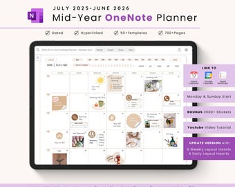2025 2026 Mid Year OneNote Planner, Hyperlinked OneNote Planner, All in One Planner, Android, iPad, Windows, Mac, Surface Pro, Desktop