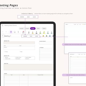 May include: A digital tablet displaying a meeting notes planner interface. The screen shows options for meeting overview, notes, and action plans. The interface includes fields for meeting title, date, time, and agenda. Additional pages show lined and grid notes, and action plan templates.