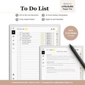 Peut inclure: Un planificateur numérique de listes de tâches pour reMarkable Paper Pro avec 20 sections, 16 modèles de notes et 600 notes au total. L'interface comprend une barre latérale, des onglets hyperliés et un stylet noir sur un écran de suivi de projet.