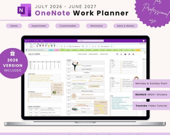 Könnte beinhalten: Ein Laptop-Bildschirm zeigt einen digitalen OneNote-Arbeitsplaner für Juli 2026 - Juni 2027. Der Planer ist anpassbar, datiert und bietet Tages- und Wochenansichten. Der Bildschirm zeigt ein Kalenderlayout mit Aufgaben- und Terminbereichen. 2026-Version und Bonus-Aufkleber enthalten.
