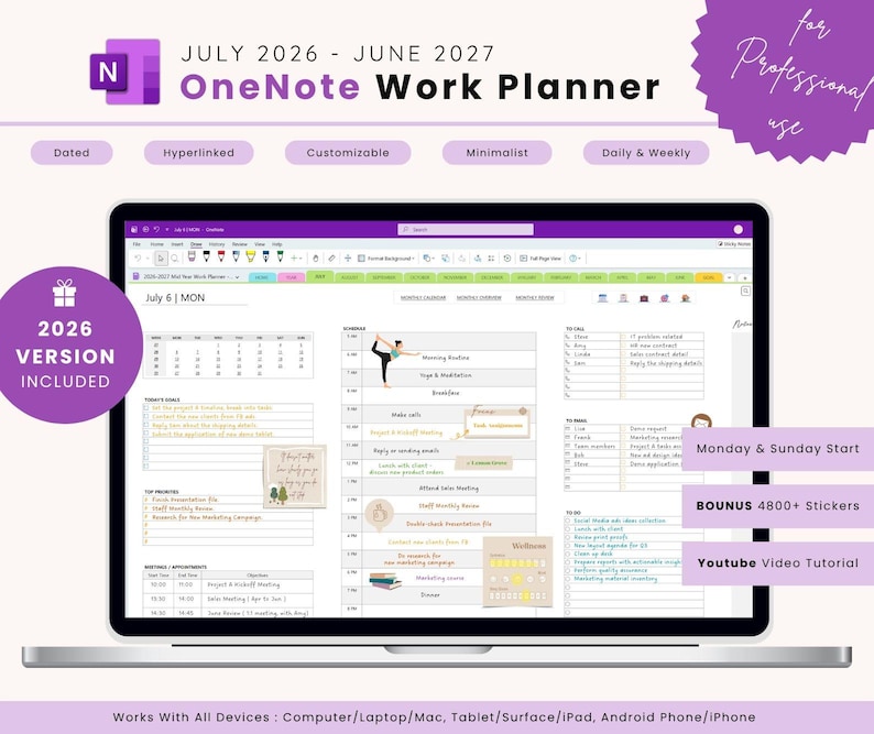 May include: A laptop screen displays a digital OneNote work planner for July 2026 - June 2027. The planner is customizable, dated, and includes daily and weekly views. The screen shows a calendar layout with various sections for tasks and appointments. The planner includes a 2026 version and bonus stickers.