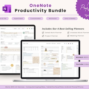 May include: A digital productivity bundle for OneNote, displayed on a tablet and laptop. The image features the text "OneNote Productivity Bundle" and includes features like "Work & Life" and "Customizable." The bundle includes planners and stickers.
