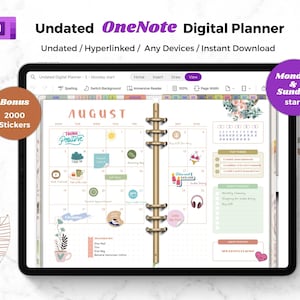 OneNote Digital Planner, One Note Planner non datato, OneNote Digital Planner con collegamento ipertestuale, Android, iPad, Windows, Mac, Surface Pro, Desktop