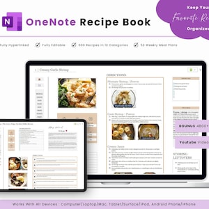 May include: A digital OneNote recipe book displayed on a laptop and tablet. The screen shows a recipe for creamy garlic shrimp with step-by-step instructions and images. The book includes 600 recipes, 12 categories, and 52 weekly meal plans.