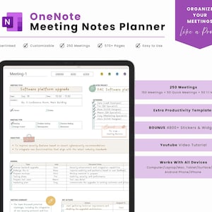 May include: A digital OneNote meeting notes planner displayed on a tablet. The planner includes sections for meeting title, date, time, and attendees. Additional features include 250 meetings, extra productivity templates, and over 4800 stickers and widgets.