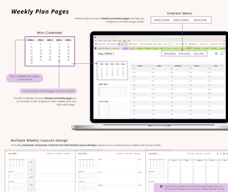 May include: A laptop screen displaying a digital weekly planner with a mini calendar, interactive menu, and multiple weekly layout designs. The text "Weekly Plan Pages" is at the top, with additional text describing the planner's features.
