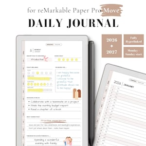Puede incluir: Un diario digital diario para reMarkable Paper Pro Move. El diario presenta un diseño limpio y minimalista con secciones para la reflexión, el seguimiento del estado de ánimo y los aspectos más destacados diarios. El texto incluye "DAILY JOURNAL", "2026 + 2027" y "Monday - Sunday start".