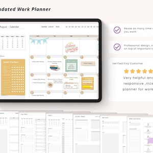 May include: A digital undated work planner displayed on a tablet screen, featuring an August calendar, habit tracker, and task notes. The interface includes text labels like Undated Work Planner and a customer review section with five stars.