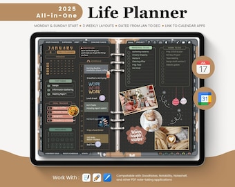2025 Digital Planner, All in One Life Planner, Daily Planner,iPad Planner,GoodNotes Planner,Dark Mode Planner, Google & Apple Calendar