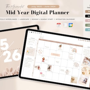 2025 2026 Mid Year Digital Planner, Minimalist Planner, Boho Planner, Daily Weekly Monthly Planner, for iPad Android, GoodNotes Planner