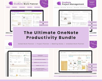 May include: A digital productivity bundle for OneNote featuring four distinct layouts: a dated work planner for July 2026-June 2027, a project management template, a meeting notes organizer, and an undated work planner, all compatible with all devices.