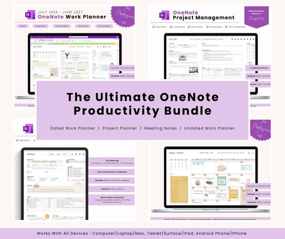 OneNote Productivity Bundle: Work Planner, Project Management, Meeting Notes Templates (Digital Download)