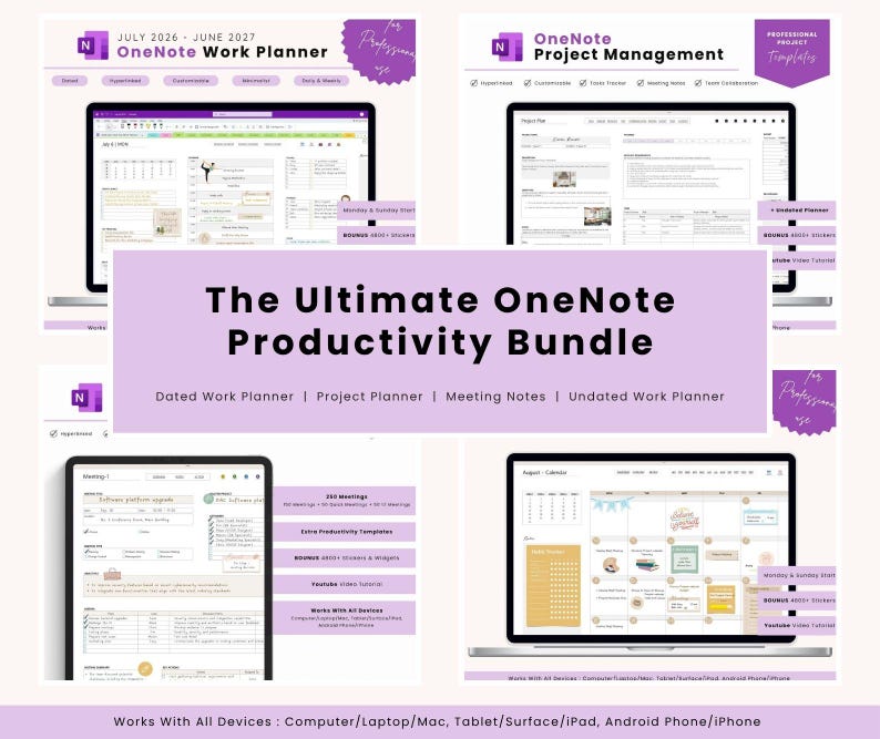 May include: A digital productivity bundle for OneNote featuring four distinct layouts: a dated work planner for July 2026-June 2027, a project management template, a meeting notes organizer, and an undated work planner, all compatible with all devices.
