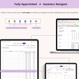 May include: A digital meeting planner displayed on a tablet, laptop, and another tablet. The planner features a purple and white color scheme with the text "Fully Hyperlinked" and "Seamless Navigate." The image shows interactive icons for easy navigation.