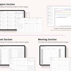 May include: Digital project planner with sections for projects, goals, and meetings. The image shows a tablet displaying planner pages, including a project overview and timeline. The planner includes 20 project planner pages, 30 goal pages, and 40 meeting notes pages.