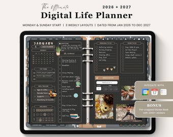 2026-2027 Digital Life Planner: All-in-One, Dark Mode, Link to Google/Apple Calendar (PDF)