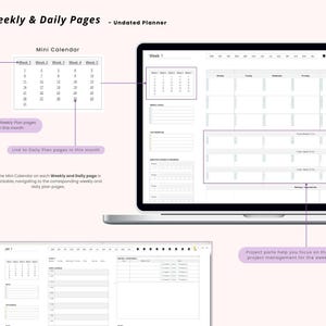 May include: A laptop screen displaying an undated planner with weekly and daily pages. The screen shows a mini calendar, weekly goals, to-do lists, and project management sections. Text on the screen includes "Weekly & Daily Pages" and "Project parts help you focus on the project management for the week."