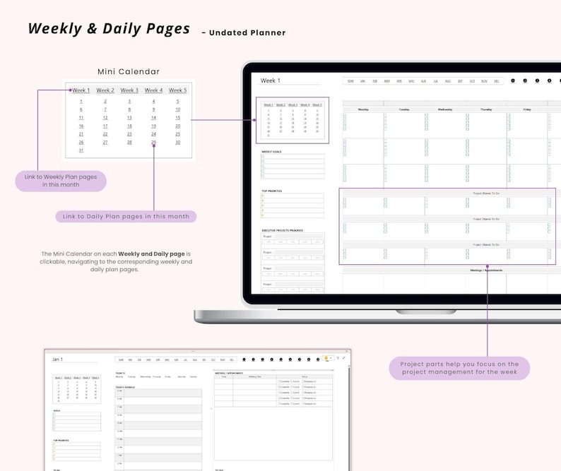 May include: A laptop screen displaying an undated planner with weekly and daily pages. The screen shows a mini calendar, weekly goals, to-do lists, and project management sections. Text on the screen includes "Weekly & Daily Pages" and "Project parts help you focus on the project management for the week."
